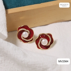 MV2564 - bông tai hoa đỏ nữ tính đính ngọc trai tròn trắng sz 5-6mm