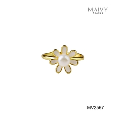 MV2567 - Nhẫn hoa cúc nhấn viên ngọc trai trắng sz 5-6mm freesize