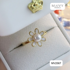 MV2567 - Nhẫn hoa cúc nhấn viên ngọc trai trắng sz 5-6mm freesize