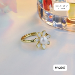 MV2567 - Nhẫn hoa cúc nhấn viên ngọc trai trắng sz 5-6mm freesize