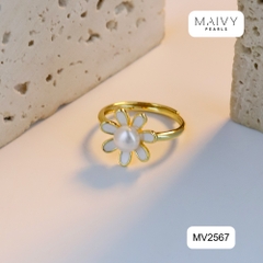 MV2567 - Nhẫn hoa cúc nhấn viên ngọc trai trắng sz 5-6mm freesize