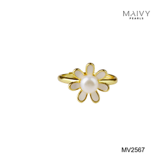 MV2567 - Nhẫn hoa cúc nhấn viên ngọc trai trắng sz 5-6mm freesize