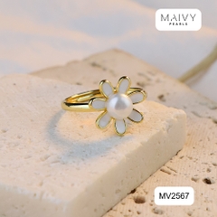 MV2567 - Nhẫn hoa cúc nhấn viên ngọc trai trắng sz 5-6mm freesize