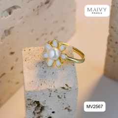 MV2567 - Nhẫn hoa cúc nhấn viên ngọc trai trắng sz 5-6mm freesize