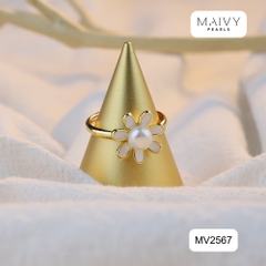 MV2567 - Nhẫn hoa cúc nhấn viên ngọc trai trắng sz 5-6mm freesize