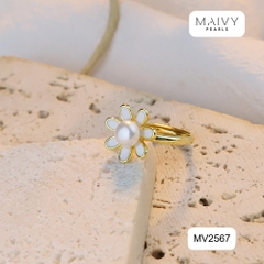 MV2567 - Nhẫn hoa cúc nhấn viên ngọc trai trắng sz 5-6mm freesize