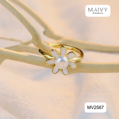 MV2567 - Nhẫn hoa cúc nhấn viên ngọc trai trắng sz 5-6mm freesize