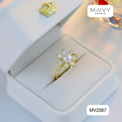 MV2567 - Nhẫn hoa cúc nhấn viên ngọc trai trắng sz 5-6mm freesize