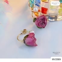 MV2569 - Bông tai hoa hồng khô màu hồng mix ngọc trai trắng
