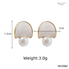 MV2582- Bông tai hình lá nhấn viên ngọc trai ngọt trắng size 5-6mm