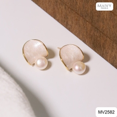 MV2582- Bông tai hình lá nhấn viên ngọc trai ngọt trắng size 5-6mm