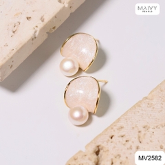 MV2582- Bông tai hình lá nhấn viên ngọc trai ngọt trắng size 5-6mm