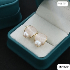 MV2582- Bông tai hình lá nhấn viên ngọc trai ngọt trắng size 5-6mm