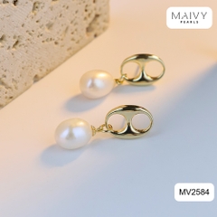 MV2584 - Bông tai ngọc trai trắng hình trứng phụ kiện đế bạc 925 mạ vàng 18k