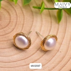 MV2597 - Bông tai ngọc trai ngọt tròn trắng quấn viền bạc 925 mạ vàng 18k