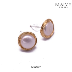 MV2597 - Bông tai ngọc trai ngọt tròn trắng quấn viền bạc 925 mạ vàng 18k