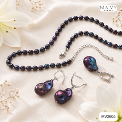 MV2605 - set dây chuyền trai gạo, bông tai trai Baroque ánh lông công