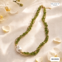 MV2609- Dây chuyền đá tự nhiên màu xanh cốm mix ngọc trai baroque trắng