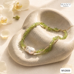 MV2609- Dây chuyền đá tự nhiên màu xanh cốm mix ngọc trai baroque trắng