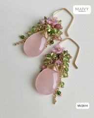 MV2614 - Bông tai đá tự nhiên hồng mix xanh nhấn viên đá xanh