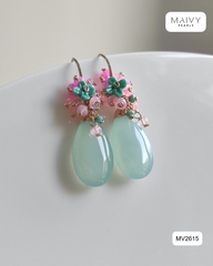 MV2615 - Bông tai đá tự nhiên xanh mix đá hồng khuyên móc
