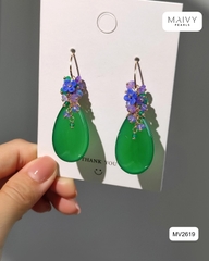 MV2619 - Bông tai đá tự nhiên xanh lá dây mix xanh dương khuyên móc
