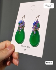 MV2619 - Bông tai đá tự nhiên xanh lá dây mix xanh dương khuyên móc