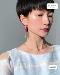 MV2620- Bông tai đá tự nhiên dáng chùm nho hồng đậm mix xanh dương