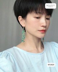 MV2624 - Bông tai đá xanh lá tự nhiên thả dài nhiều sợi