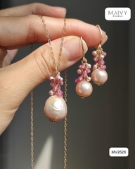 MV2626 -  Set ngọc trai baroque hồng ánh tím mix đá tự nhiên hồng