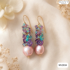 MV2634 - Bông tai trai baroque hồng ánh tím mix đá tự nhiên