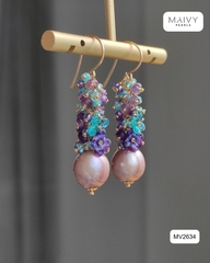 MV2634 - Bông tai trai baroque hồng ánh tím mix đá tự nhiên