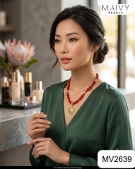 MV2639 - Dây chuyền san hô đỏ hạt tròn mix mặt phụ kiện bạc 925 mạ vàng 18k
