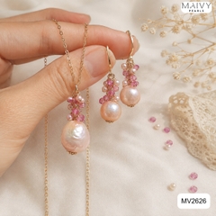 MV2626 -  Set ngọc trai baroque hồng ánh tím mix đá tự nhiên hồng