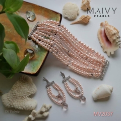 MV2037 - Set Ngọc Trai Lắc Tay / Bông Tai Màu Hồng Nhiều Sợi