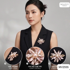 MV2555 - Cài áo ngọc trai hạt baroque dài màu hồng ánh tím kết hoa to