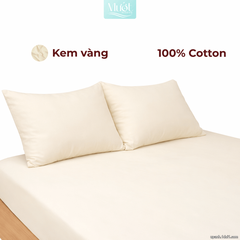 Bộ ga gối lụa Cotton Satin trơn màu - Mướt Bedding, bộ 3 món cao cấp Kem vàng 2mx2m (Dày 13-22cm)