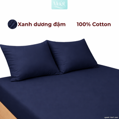 Bộ ga gối lụa Cotton Satin trơn màu - Mướt Bedding, bộ 3 món cao cấp Xanh dương đậm 1m4x2m (Dày 35cm trở lên)