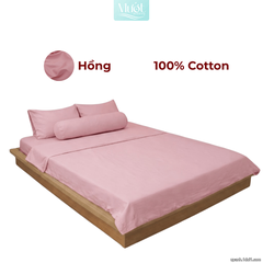 Bộ 5 món ga gối lụa ( vỏ chăn )Cotton Satin trơn màu - Mướt Bedding, bộ 5 món cao cấp Hồng 1m6x2m (Dày 13-22cm)