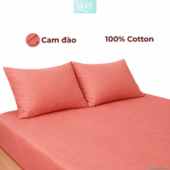 Bộ ga gối lụa Cotton Satin trơn màu - Mướt Bedding, bộ 3 món cao cấp Cam đào 1m4x2m (Dày 13-22cm)