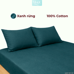 Bộ ga gối lụa Cotton Satin trơn màu - Mướt Bedding, bộ 3 món cao cấp Xanh rừng 2m2x2m (Dày 13-22cm)