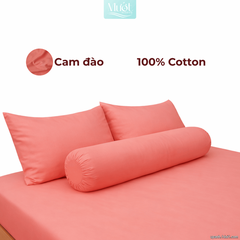 Bộ ga gối lụa Cotton Satin trơn màu - Mướt Bedding, bộ 4 món cao cấp Cam đào 2mx2m (Dày 5-12cm)