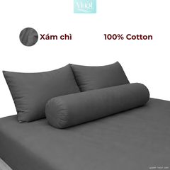 Bộ ga gối lụa Cotton Satin trơn màu - Mướt Bedding, bộ 4 món cao cấp Xám chì 2mx2m (Dày 23-35cm)