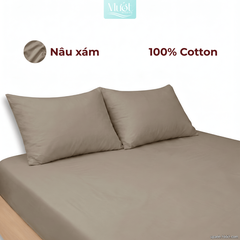 Bộ ga gối lụa Cotton Satin trơn màu - Mướt Bedding, bộ 3 món cao cấp Nâu xám 2m2x2m (Dày 13-22cm)