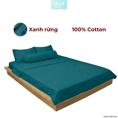 Bộ 5 món ga gối lụa ( vỏ chăn )Cotton Satin trơn màu - Mướt Bedding, bộ 5 món cao cấp Xanh rừng 2mx2m (Dày 13-22cm)