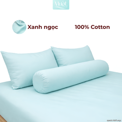 Bộ ga gối lụa Cotton Satin trơn màu - Mướt Bedding, bộ 4 món cao cấp Xanh ngọc 2mx2m (Dày 13-22cm)