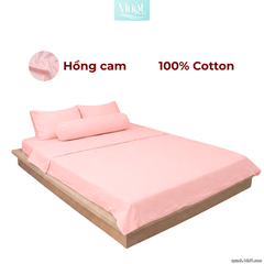 Bộ 5 món ga gối lụa ( vỏ chăn )Cotton Satin trơn màu - Mướt Bedding, bộ 5 món cao cấp Hồng cam 2mx2m (Dày 35cm trở lên)