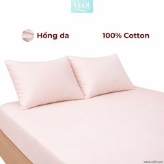 Bộ ga gối lụa Cotton Satin trơn màu - Mướt Bedding, bộ 3 món cao cấp Hồng da 2m2x2m (Dày 35cm trở lên)