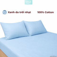 Bộ ga gối lụa Cotton Satin trơn màu - Mướt Bedding, bộ 3 món cao cấp Xanh da trời 1m4x2m (Dày 35cm trở lên)