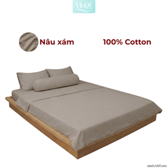 Bộ 5 món ga gối lụa ( vỏ chăn )Cotton Satin trơn màu - Mướt Bedding, bộ 5 món cao cấp Nâu xám 2m2x2m (Dày 35cm trở lên)